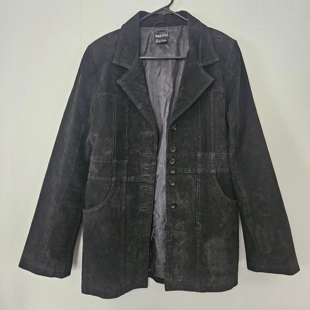 Wet Seal Leather Jacket Womens Large Black Good Suede Button Front Y2K Grunge